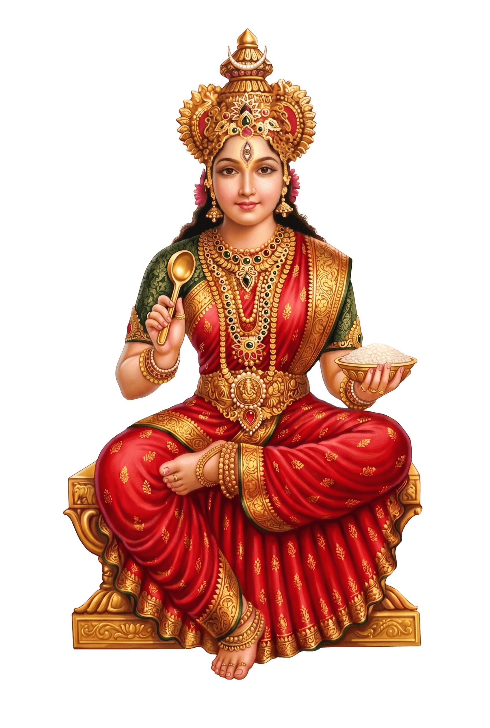 Kunnathamma — the mother goddess Annapoorneshwari, seated on a golden throne in red-and-gold silk, holding the golden ladle and a bowl of rice